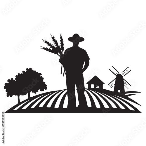 Farmer with wheat in a rural landscape