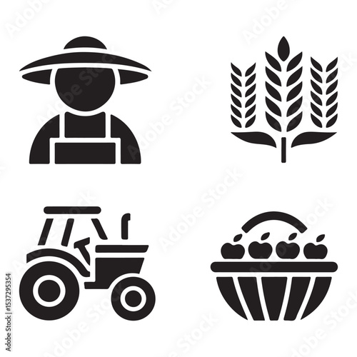 Farming Icons Farmer, Wheat, Tractor and Harvested Apples