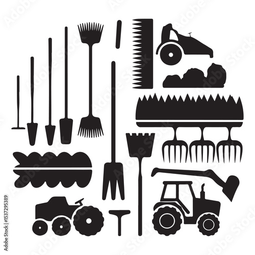Collection of farming and agricultural tools in black silhouettes