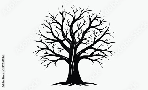 Bare tree silhouette, leafless tree drawing, spooky tree outline, hand drawn illustration