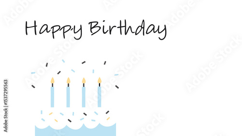 A birthday cake with candles and confetti on a white background says happy birthday in black script font