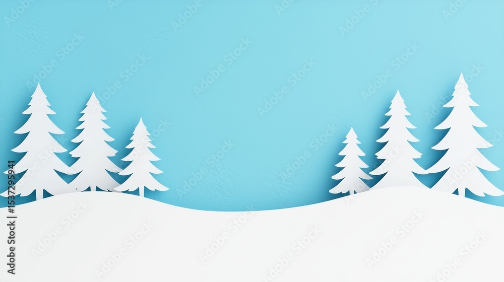 Fototapeta premium Winter Landscape with Minimalist Paper Trees on Light Blue Background for Holiday and Seasonal Themes