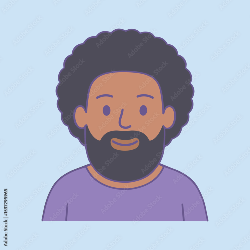 Minimalist cartoon illustration of a smiling black man with afro hair in pastel colors Minimalist cartoon illustration of a smiling black man with afro hair in pastel colors