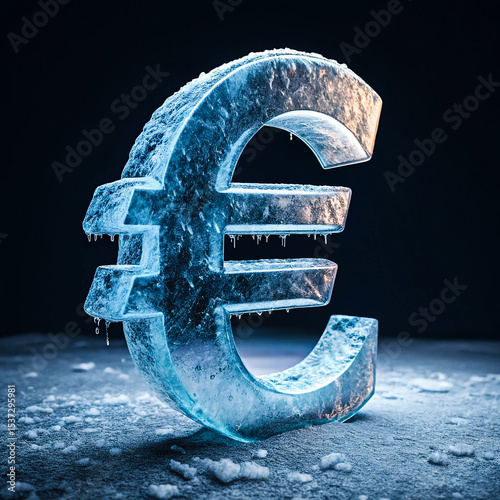 Frozen Euro Currency Symbol Ice Sculpture of the Euro Sign on Snowy Surface isolated on background