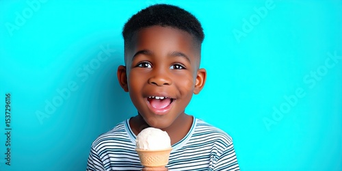 happy african american boy holding a ice cream. solid background. cinematic lighting and coloring