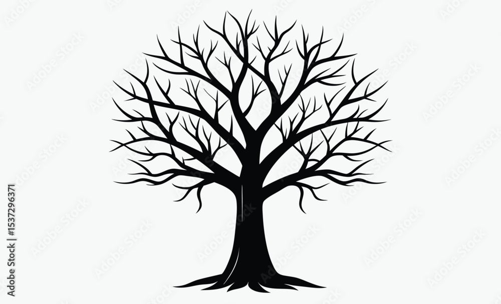 Fototapeta premium Bare tree silhouette, leafless tree drawing, spooky tree outline, hand drawn illustration