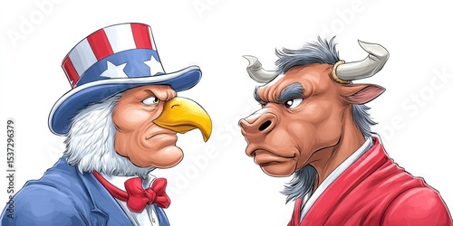comic bald eagle uncle sam facing off against bull dressed like chinese president photo