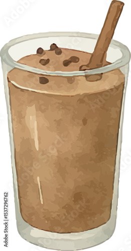 Rich brown smoothie in a glass jar with a wooden stirrer, crafted from healthy ingredients like cocoa or nuts, offering a delicious, nutrient-packed, and refreshing drink