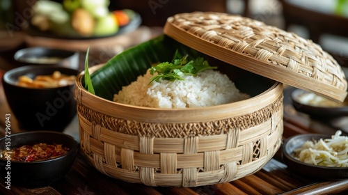 Bamboo rice bowl, served in a woven basket, with assorted dishes in the background