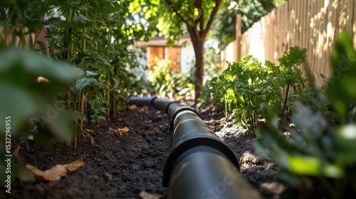 Backyard garden irrigation system, plastic pipes, lush plants, outbuilding visible