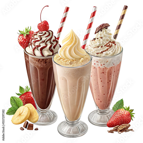 Fruit smoothies milkshakes with whipped cream, strawberry, banana and chocolate isolated on white background