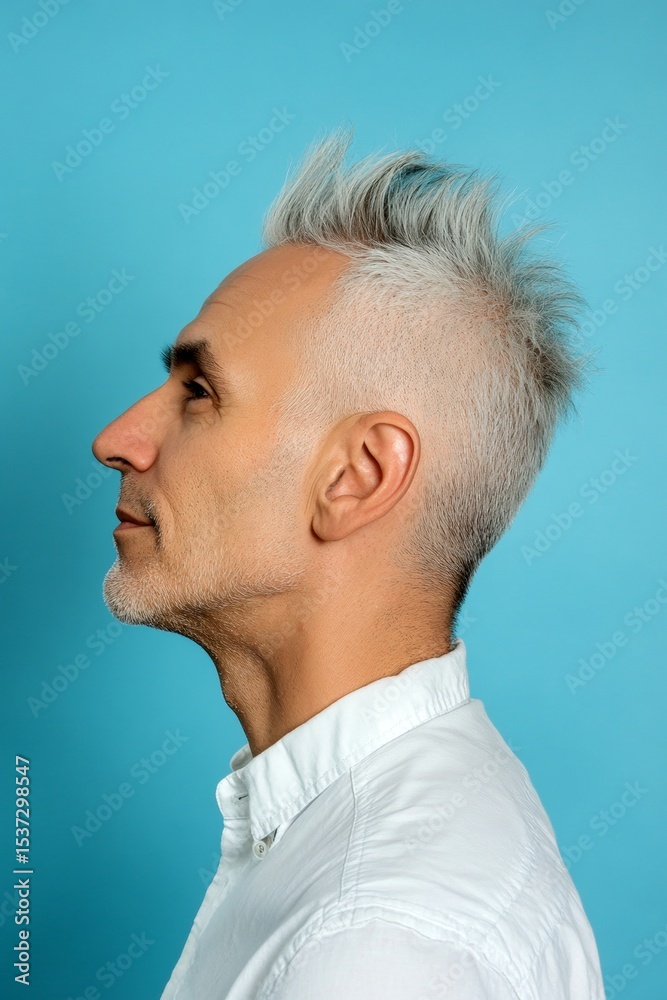 Fototapeta premium Conceptual art of style for aging men. Blue solid background. Fashionable men's punk haircut - midlife arabian man with short hair. A happy and poised man radiating charm.