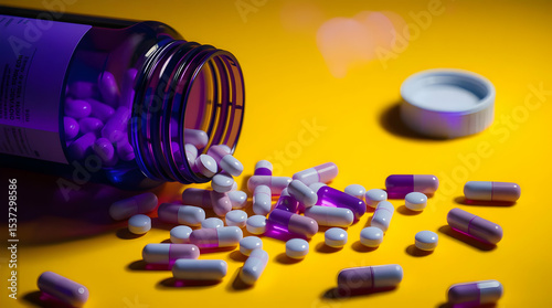 flask of medicine pills, capsule spilling out of the bottle. On yellow background