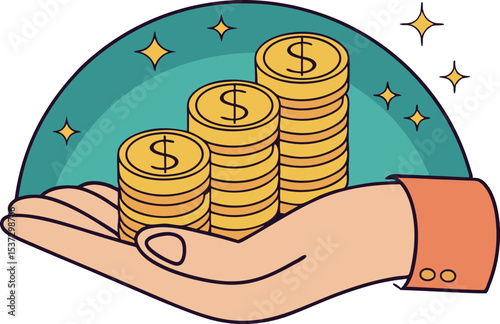 Growing Wealth: A Handful of Increasing Stacks of Gold Coins