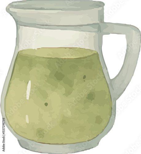 Description (136 characters): Fresh green smoothie in a glass pitcher with a handle, made from spinach and fruits, offering a healthy, vibrant, and nutrient-rich beverage for a refreshing wellness boo