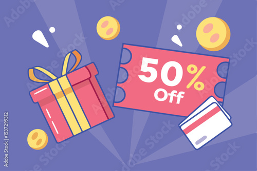 Gift box with 50% off coupon, credit cards and coins on purple background