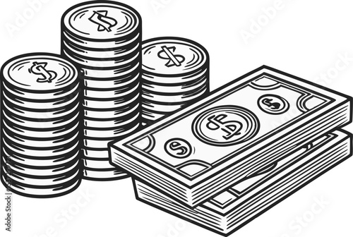 Stacks of coins and bundles of cash illustrate wealth and prosperity