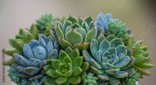 Closeup of a Lush Arrangement of Green and Blue Succulents
