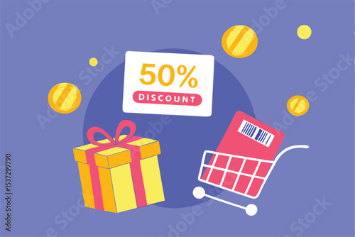50% Discount Sale: Gift Box and Shopping Cart with Discount Coupon