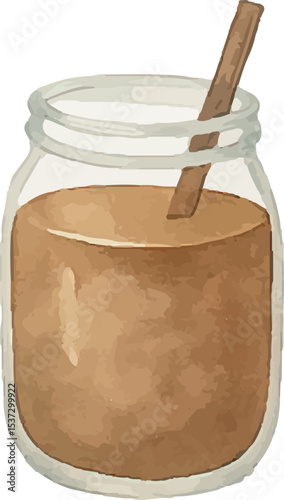 Rich brown smoothie in a glass jar with a wooden stirrer, crafted from healthy ingredients like cocoa or nuts, offering a delicious, nutrient-packed, and refreshing drink