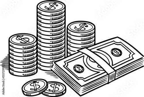 A large stack of money, including dollar bills and coins, representing wealth and prosperity