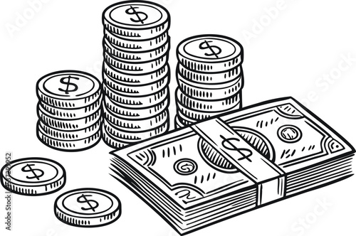 Stacks of coins and a wad of cash represent financial wealth and prosperity.