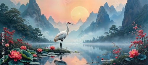 Chinese mountains, a graceful white crane in a lotus-filled river, lush blooms