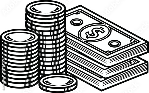 Stacks of coins and dollar bills represent wealth and financial success.