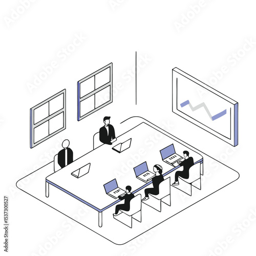 Business meeting, Office team, employees work discussion, Corporate communication, teamwork, collaboration. Isometric Flat vector illustration isolated