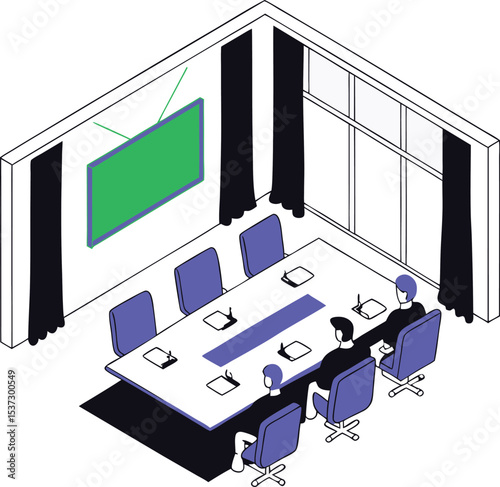 Business meeting, Office team, employees work discussion, Corporate communication, teamwork, collaboration. Isometric Flat vector illustration isolated