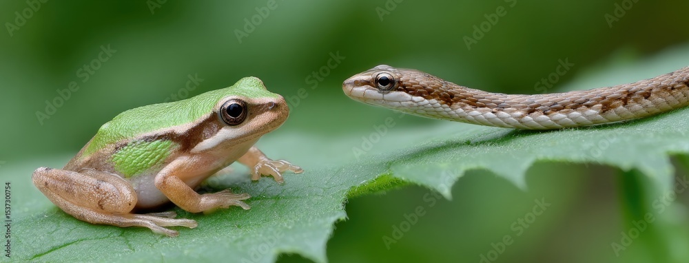 Fototapeta premium A green tree frog sits calmly on a leaf while a small snake with tongue extended readies to catch its next meal