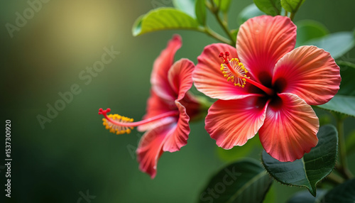 Vibrant hibiscus flowers blooming against a blurred green background