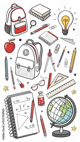 A comprehensive doodle-style illustration of school supplies, including backpacks, books, and various stationery items. This fun and educational graphic is perfect for back-to-school themes and learni