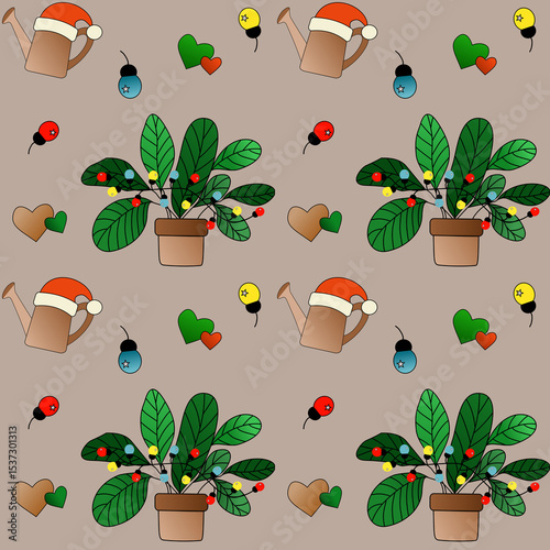 Seamless Christmas pattern with potted plants, Santa hat watering cans, hearts, and colorful lights on a warm beige background. Cozy festive eco-style design for winter packaging and decor.