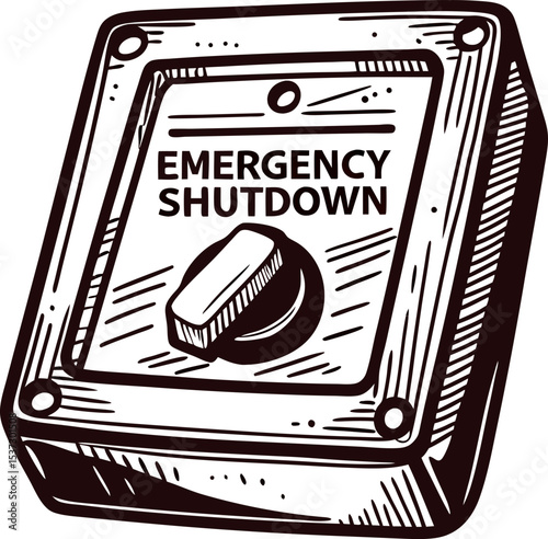 Hand drawn emergency shutdown switch box with lever in vintage engraved illustration