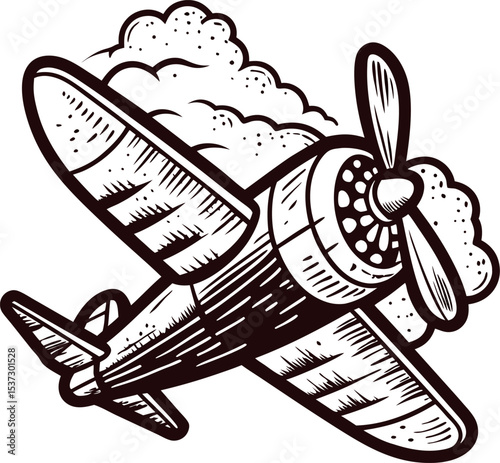 Hand drawn retro airplane flying with clouds vintage sketch aviation illustration with detailed propeller and wings