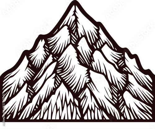 Hand drawn mountain peak illustration vintage engraved alpine landscape with rugged snow capped summit