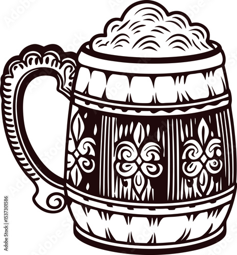 Vintage hand drawn beer mug filled with frothy foam, detailed ornate engraving, retro illustration
