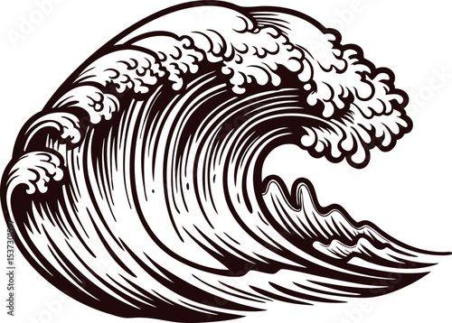 Detailed monochrome illustration of ocean wave with dynamic curling water and spray in vintage engraved