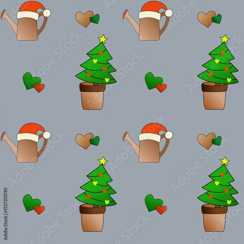 Seamless pattern with potted Christmas trees, watering cans in Santa hats, and colorful hearts on a gray background. Fun festive design combining gardening and winter holidays.