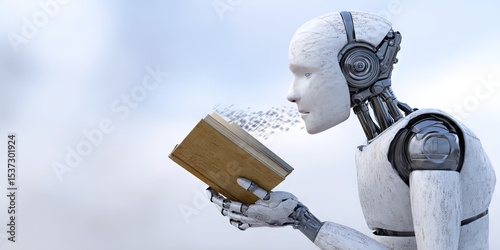 photo of ai robot eating a book, dynamic angle 