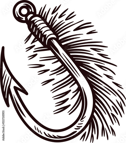 Hand drawn fishing hook with feather detail in vintage engraved illustration