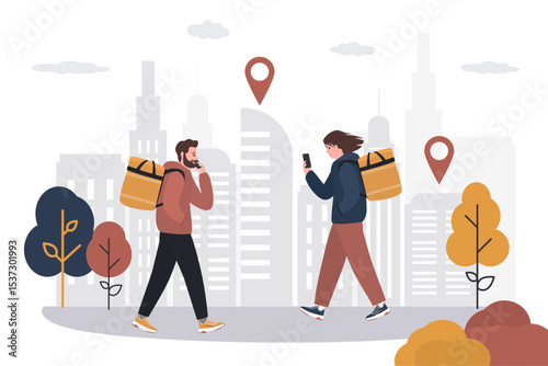 Walking delivery people. Caucasian characters design. Fast shipping. Couriers with backpacks and mobile phones on urban background. Delivery service, shipment.