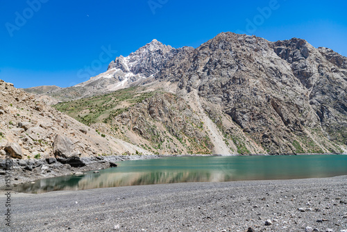 Haft Kul Seven Lakes near Penjikent town. Picturesque view with lake and Fann mountains in background. Tajikistan