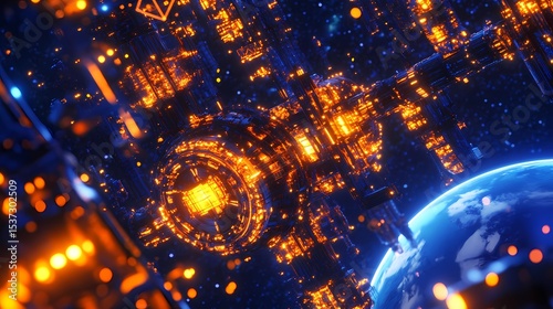 Fototapeta Naklejka Na Ścianę i Meble -  Complex space station structure in orbit above a planet.