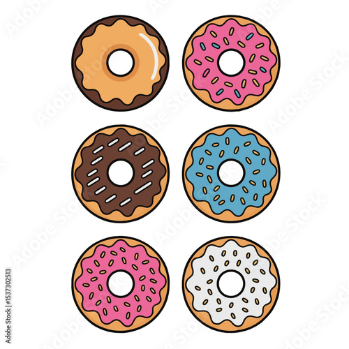 A seamless pattern of colorful, delicious dessert donuts with chocolate and fruit illustrations