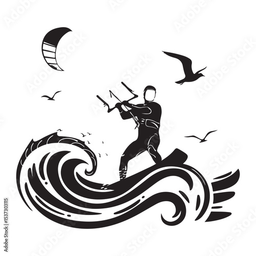 Kitesurfing Silhouette on the Waves with Birds and Kite