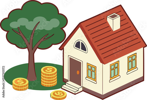 House with Lush Tree and Monetary Assets, Representing Real Estate Investment and Financial Prosperity, Illustrated in Cartoonish Style, Simple Forms and Cheerful Colors