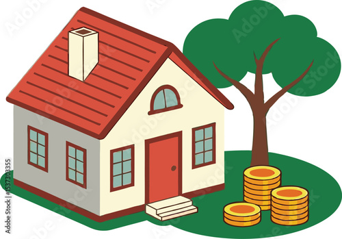 Isometric House Illustration with Money and a Tree Depicting Property Investment and Financial Growth on a Green Field