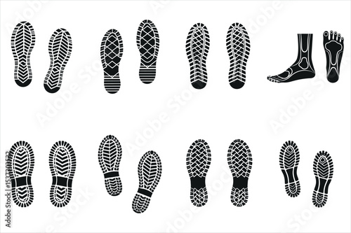Diverse Shoe and Foot Prints on a White Background